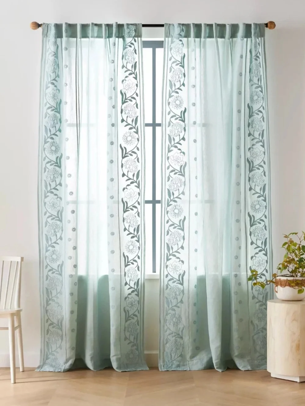ANTHROPOLOGIE Curtain Pair MANETTE Embroidered Cotton 50 x 84 Unlined  One Panel